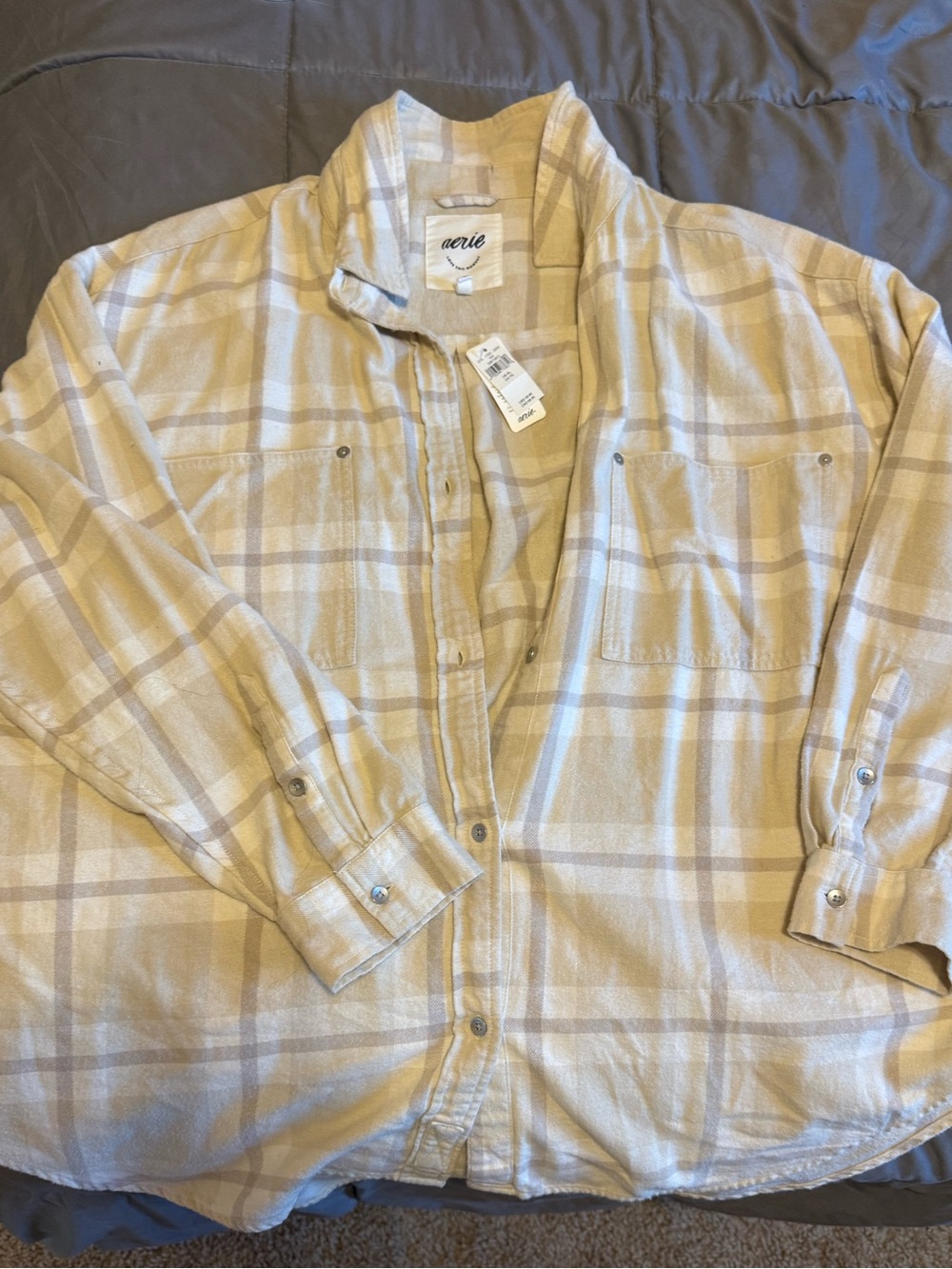Aerie Cream Plaid Button-Up boyfriend Shirt
